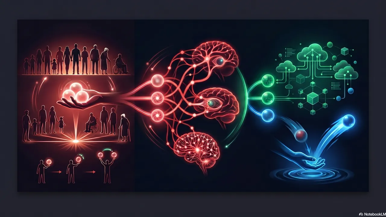 A three-panel illustration showing the Brain, Change, and Tech pillars: a figure with neural network imagery, a figure mid-leap representing change, and a figure at a keyboard representing tech