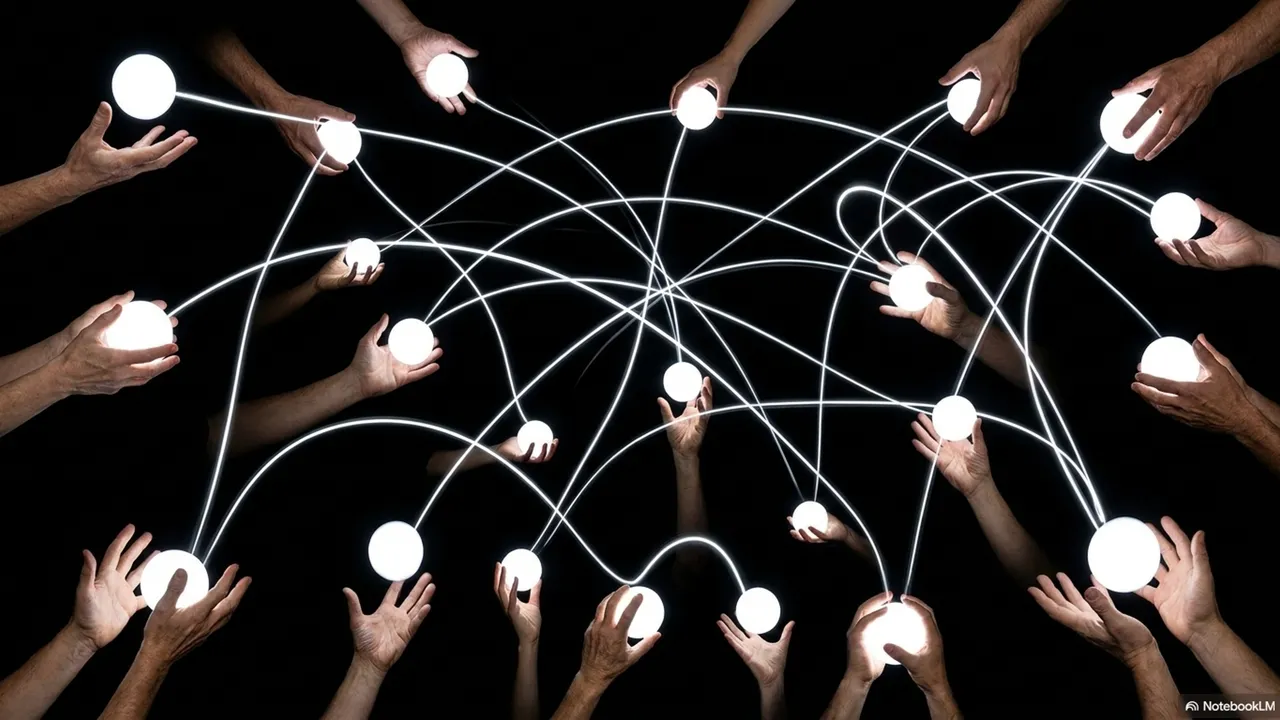Many hands of different sizes and skin tones connected by glowing lines in a network