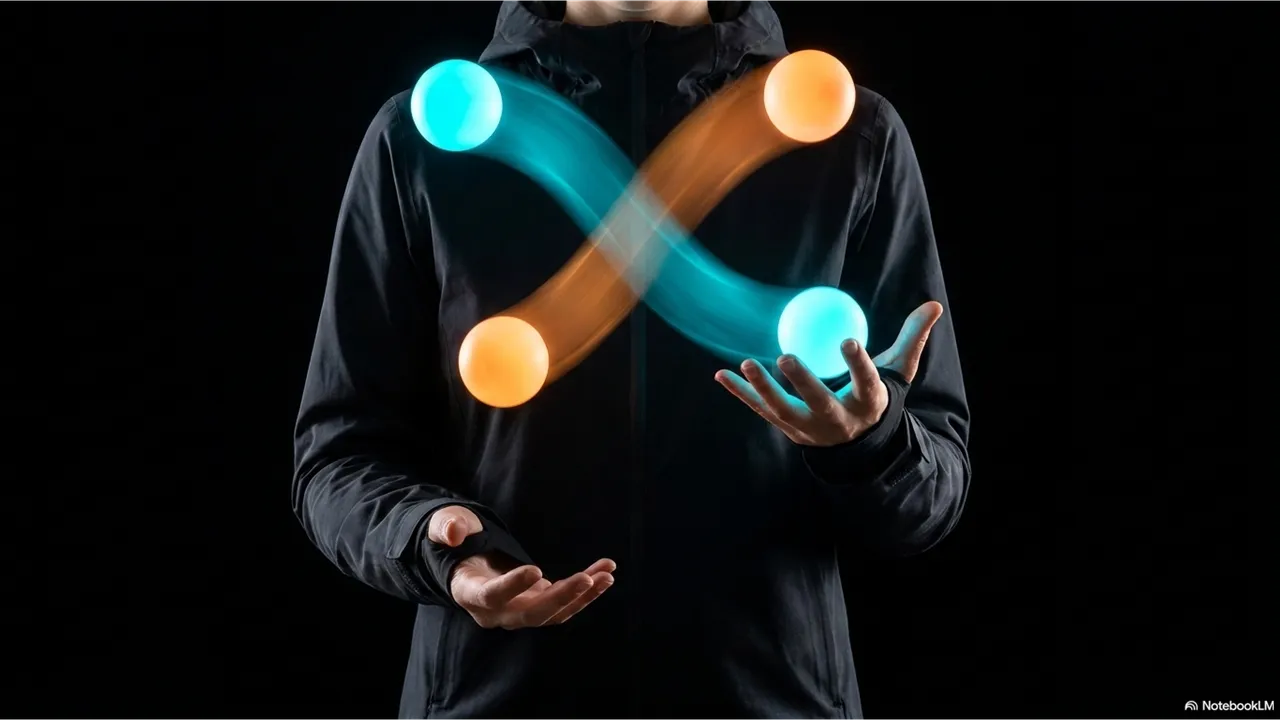 A person in dark clothing juggling four balls - two glowing cyan and two glowing orange - with their crossing trajectories visible as light trails forming an X pattern