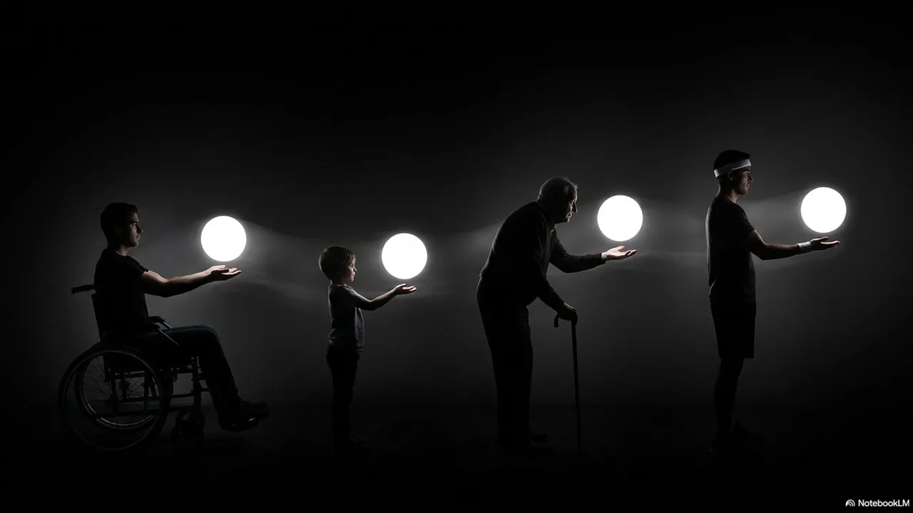 Four human silhouettes of different heights and builds, each with a juggling arc above them