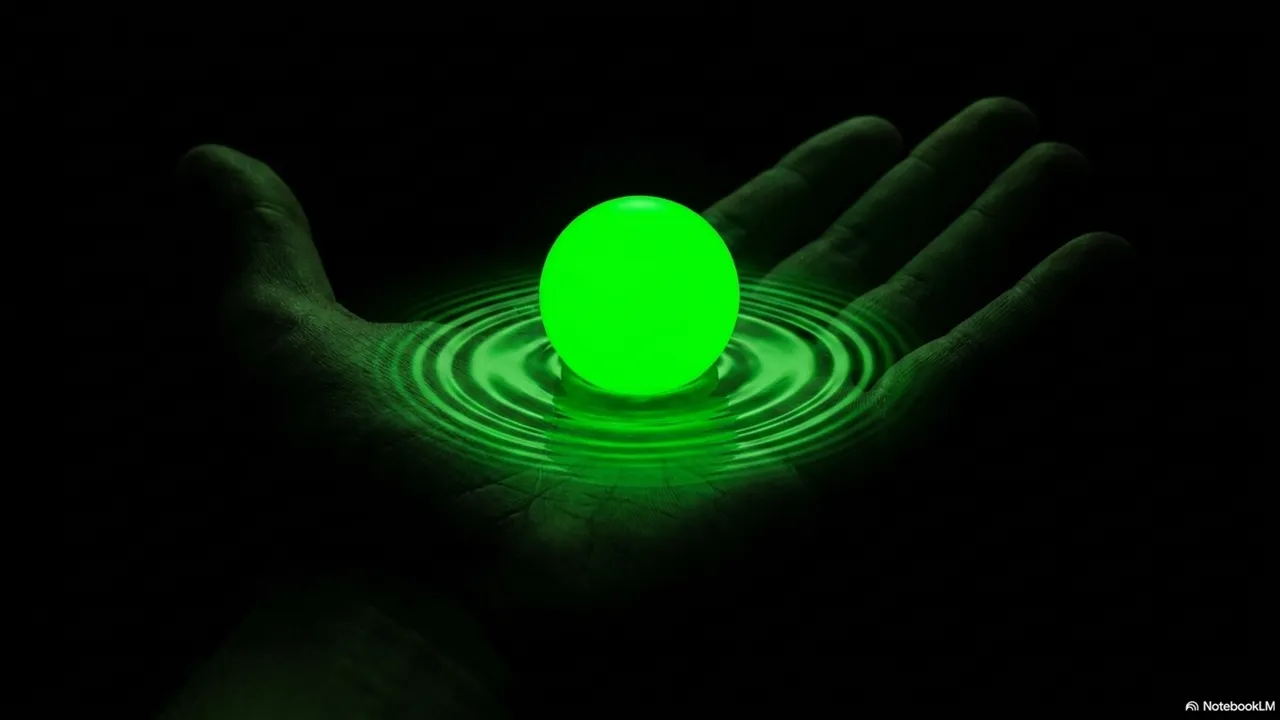 A green juggling ball resting in an open palm with concentric ripple rings emanating outward