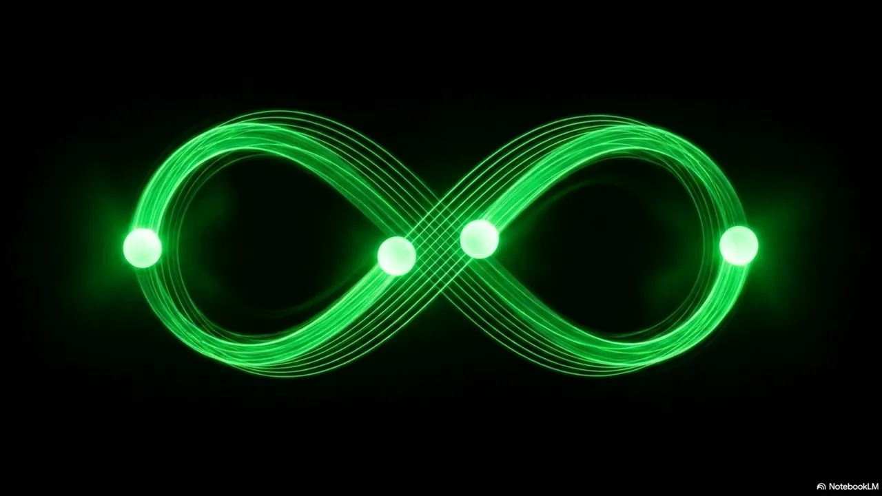 Three glowing green balls tracing an infinity-loop cascade path through dark space