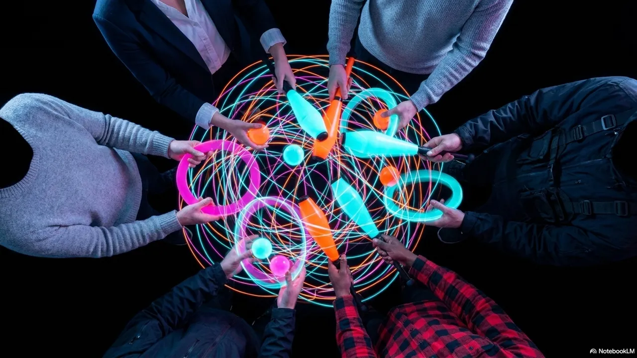 Six people photographed from directly above, standing in a circle, all passing juggling props toward the center simultaneously - the props and their light trails form a complete mandala pattern in the space between the jugglers