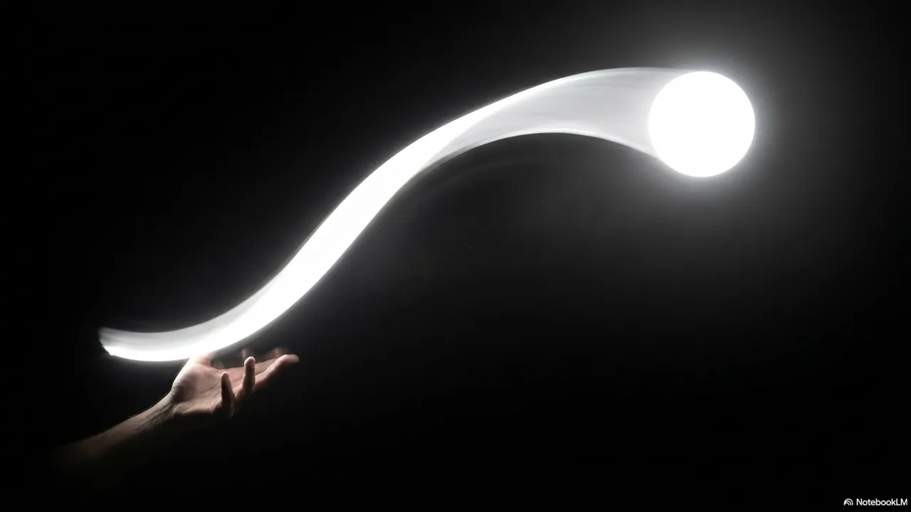 A single hand releasing a ball that traces a luminous arc upward through dark air