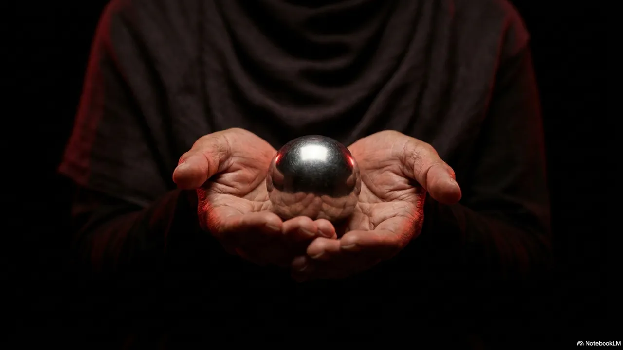 Two hands holding a silver juggling ball between them, the ball resting in balanced contact with both palms, lit from above