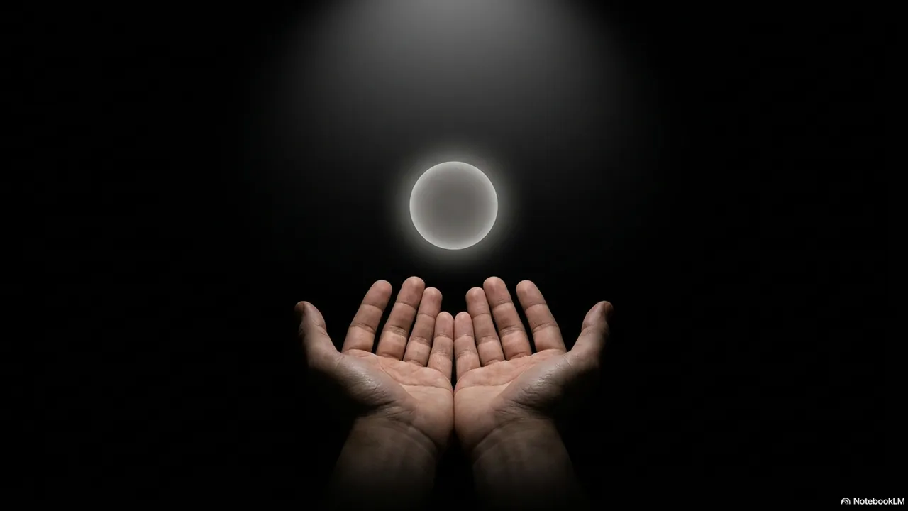 Two hands raised upward holding a glowing ball against a starlit sky, as if about to release it