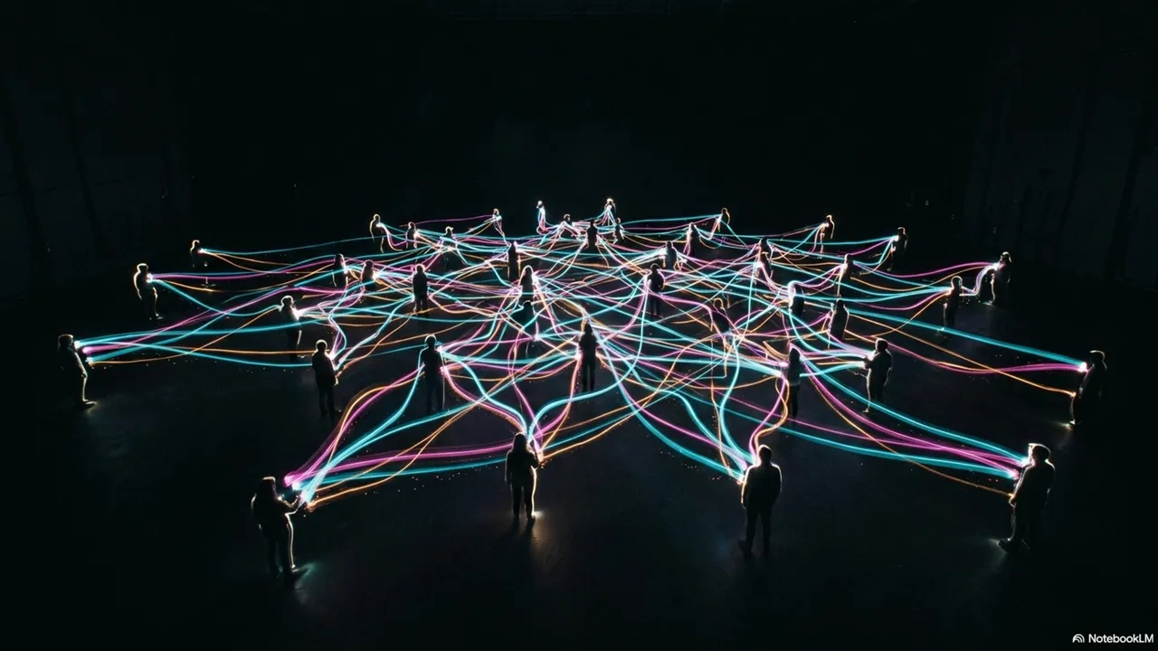 Around twenty people standing in a wide circle connected by glowing multicolored strings forming a dense web between them
