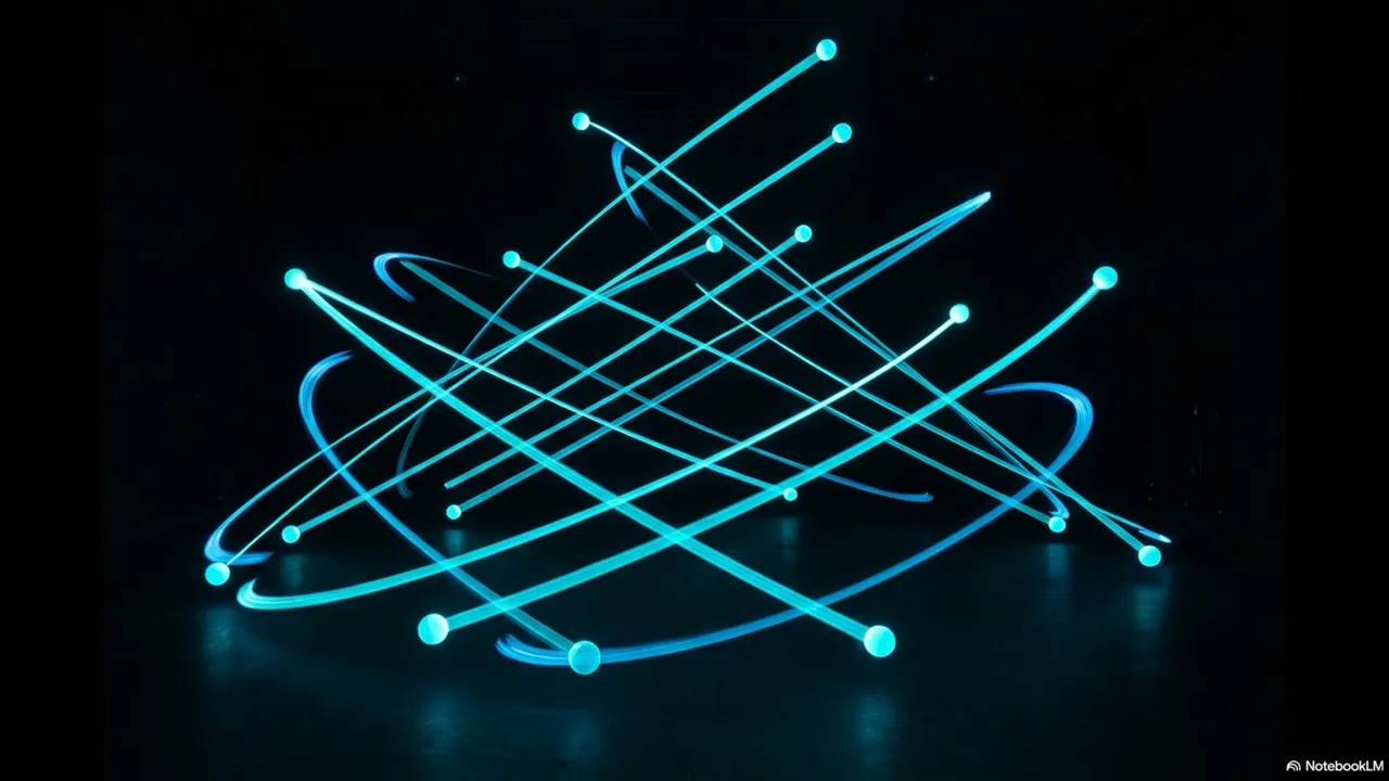 Glowing cyan orbital rings with nodes at their tips crossing in a complex pattern against darkness