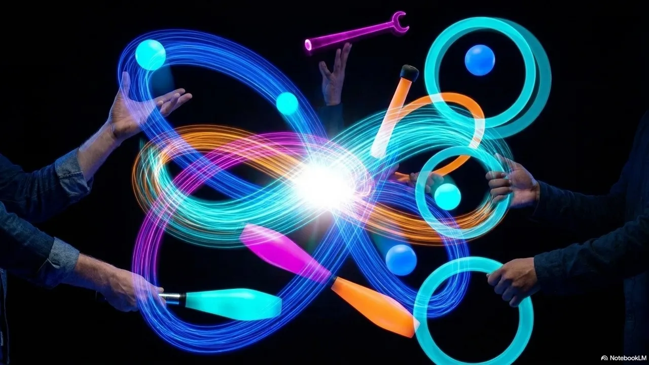 Two jugglers at opposite sides of the frame surrounded by an explosion of multicolored light trails - clubs, balls, and rings all visible in the chaos of a shared pattern, an infinity loop at the center where the light converges