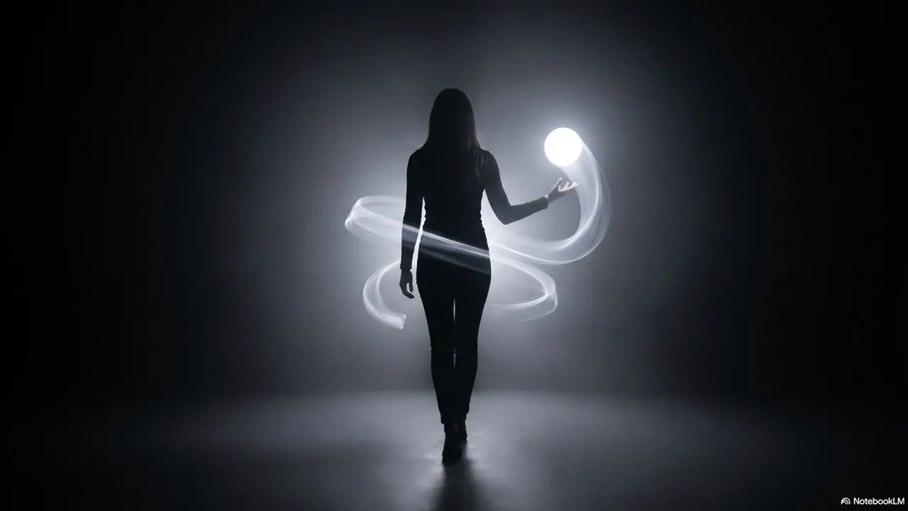 A woman's silhouette holding a glowing white ball with a soft spiral of white light curling around her in a clean gray space