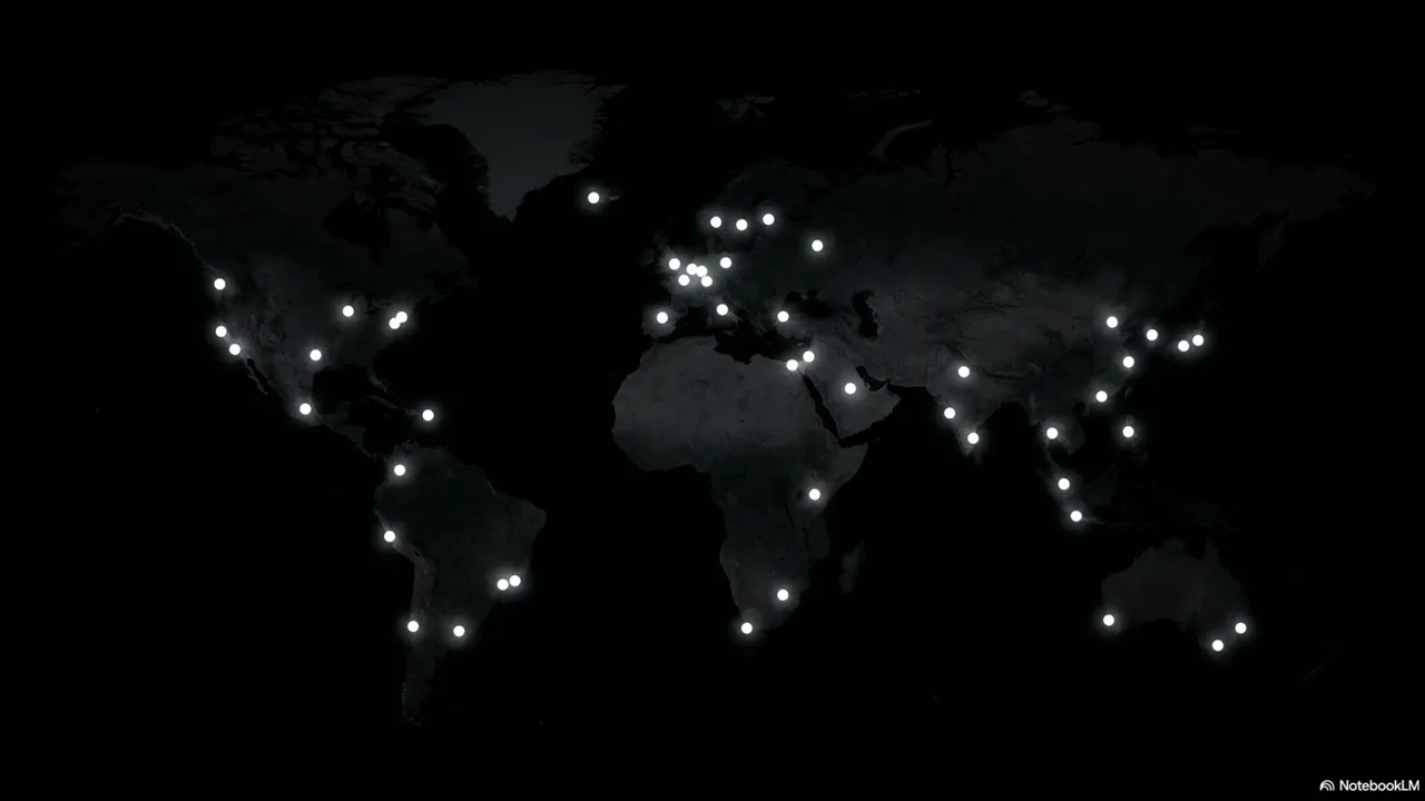 World map with glowing connection points at major cities, linked by luminous lines