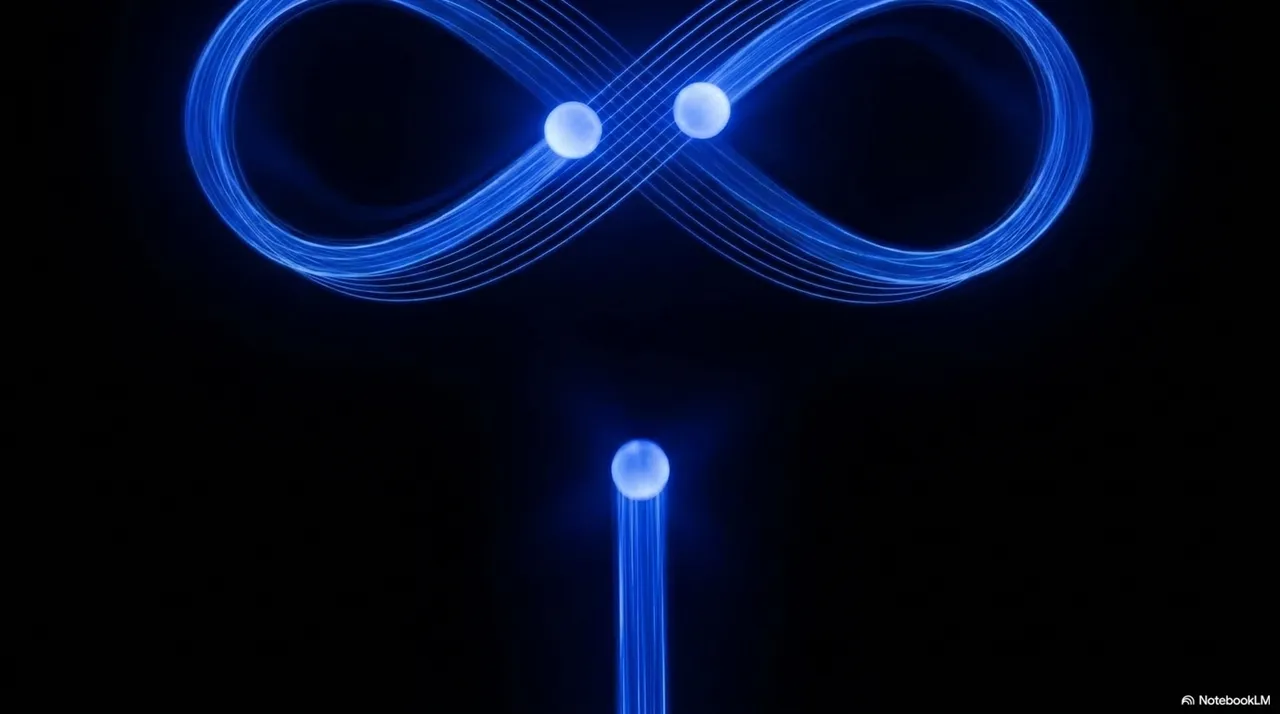 Three blue luminous balls tracing a slow infinity-loop cascade in deep blue space