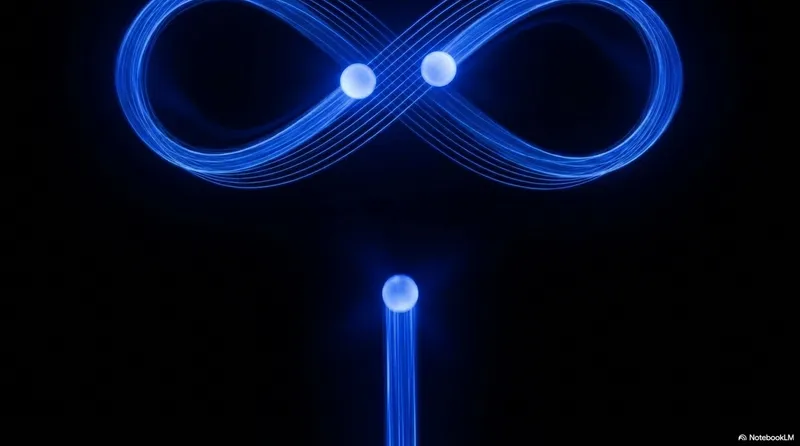 Three glowing blue balls tracing an infinity-loop cascade path through dark space - the same geometry as the five-ball cascade, scaled upward