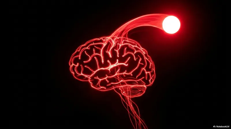 Glowing red brain connected to a juggling ball by a luminous neural pathway