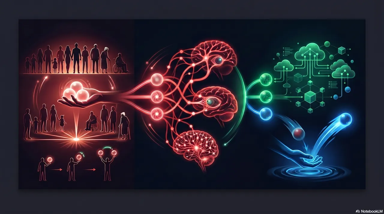 A three-panel illustration showing the Brain, Change, and Tech pillars: a figure with neural network imagery, a figure mid-leap representing change, and a figure at a keyboard representing tech