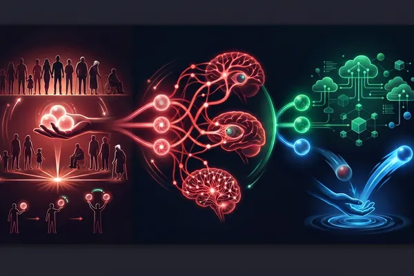 Illustration showing the intersection of brain science, change, and technology