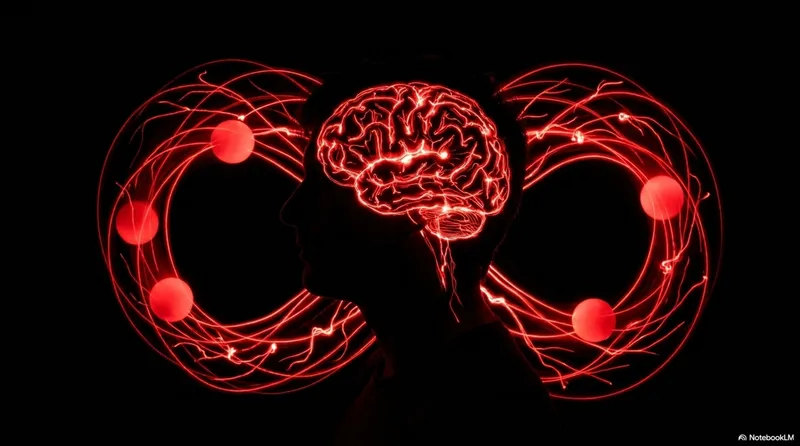 Glowing red brain surrounded by juggling balls tracing an infinity loop