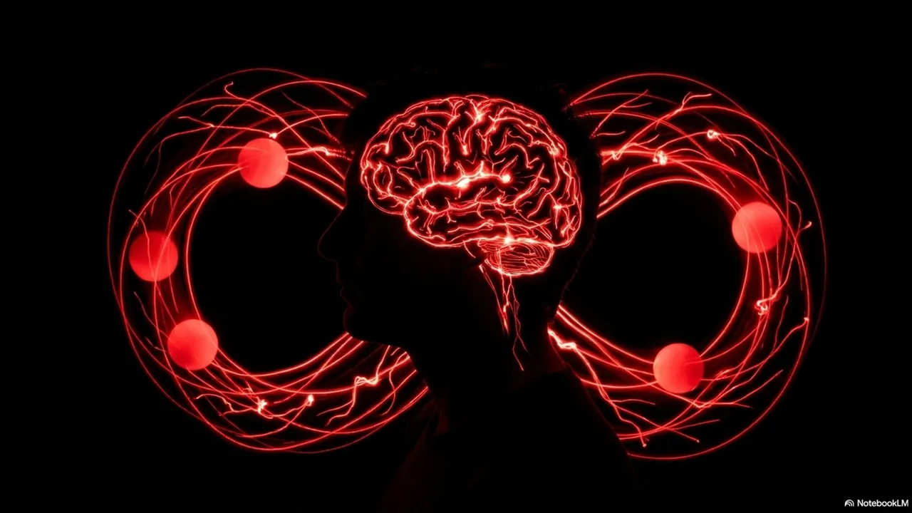 Glowing red brain surrounded by juggling balls tracing an infinity loop