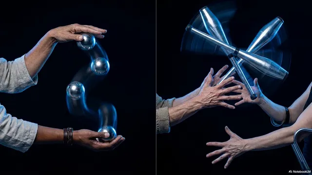 A diptych photograph: left panel shows one pair of hands juggling three silver balls in a cascade with motion blur arcs; right panel shows two pairs of hands with silver juggling clubs crossing between them mid-pass