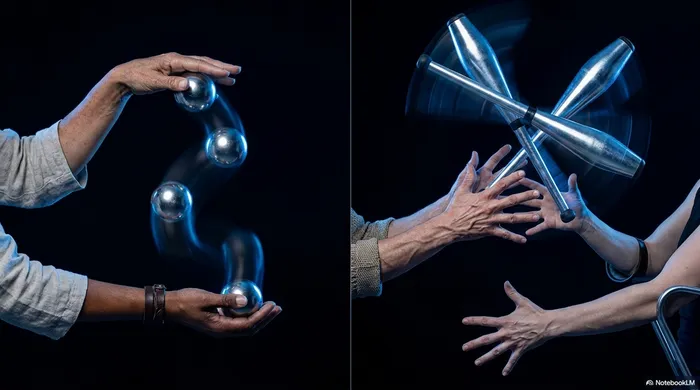 Diptych: solo cascade on the left, club passing between two people on the right