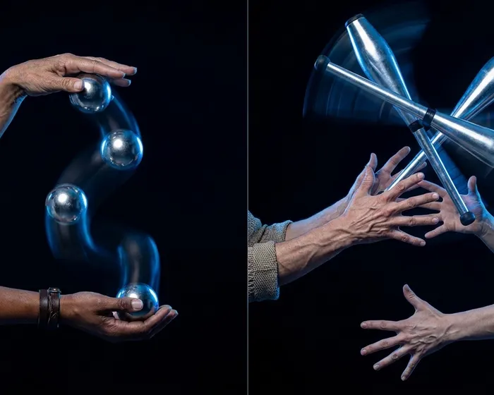 Diptych: solo cascade on the left, club passing between two people on the right