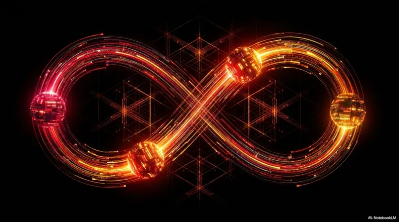 An amber-orange circuit board pattern forming an infinity loop of interconnected pathways