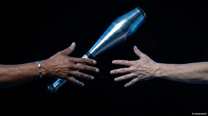 Two open hands reaching toward each other from opposite sides, a silver metallic club spinning through the air between them in the moment of the pass