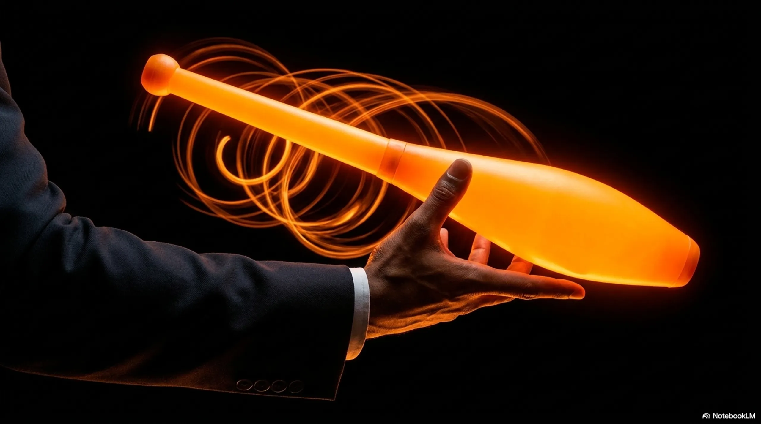 A close-up of a glowing orange juggling club with spiral light trails recording its rotation during flight