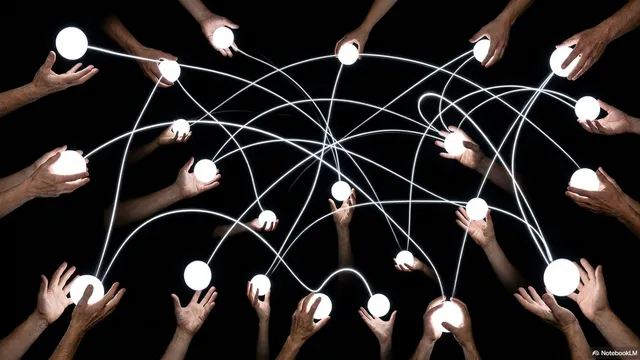 Many hands of different sizes and skin tones connected by glowing lines in a network