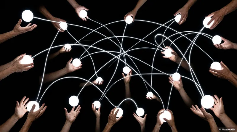 Many hands of different sizes and skin tones connected by glowing lines in a network