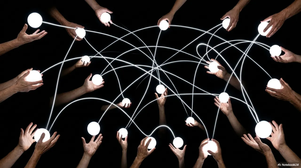 Many hands of different sizes and skin tones connected by glowing lines in a network