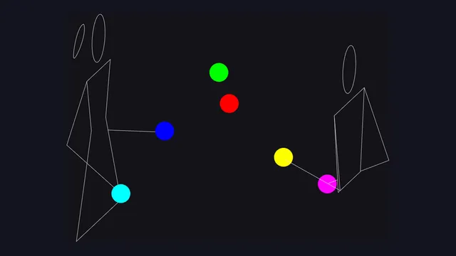 A two-person passing pattern in Juggling Lab, mixing a female figure and a classic figure