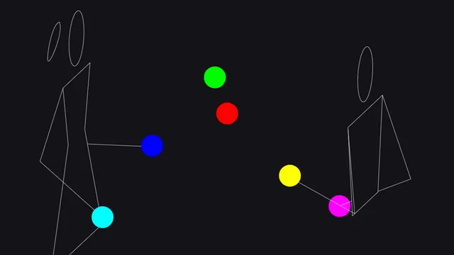A two-person passing pattern in Juggling Lab, mixing a female figure and a classic figure