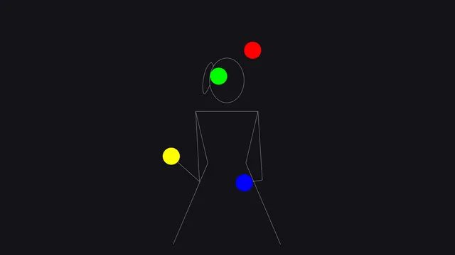 The female Juggling Lab figure running a synchronous four-ball pattern in dark mode