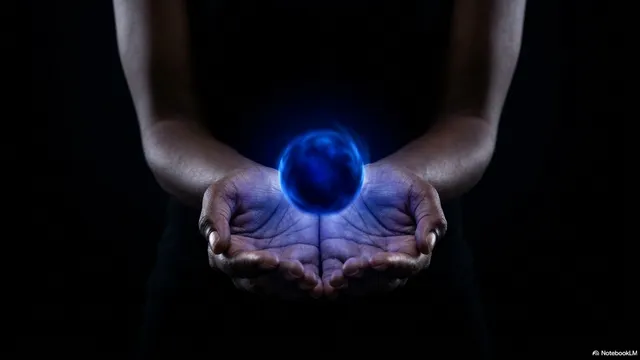 Two cupped hands holding a glowing blue world ball between them, lit from within, resting still in the palm