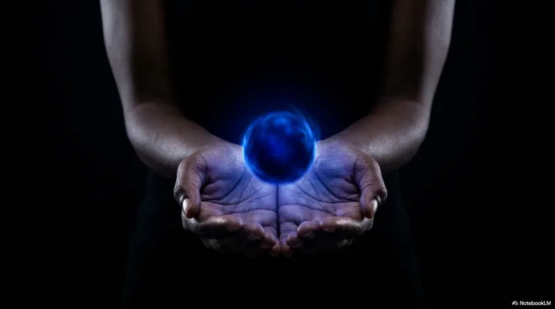 Two cupped hands holding a glowing blue world ball between them, lit from within, resting still in the palm