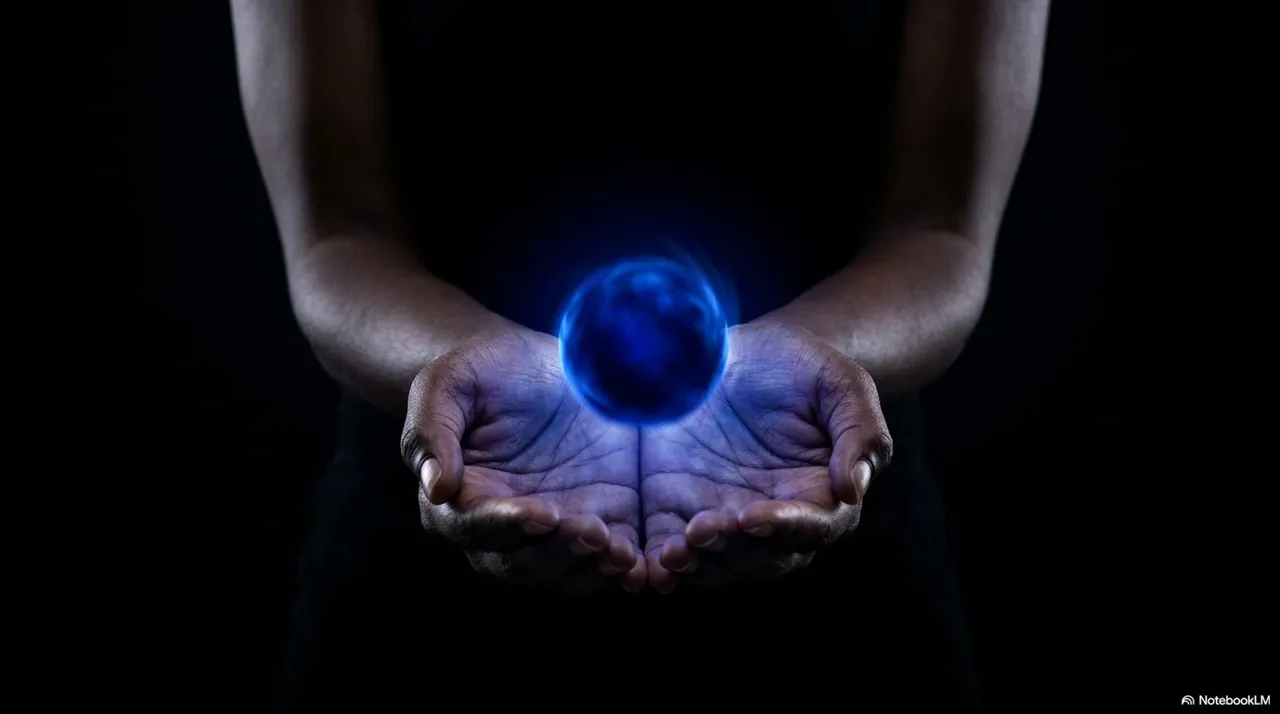Two cupped hands holding a glowing blue world ball between them, lit from within, resting still in the palm