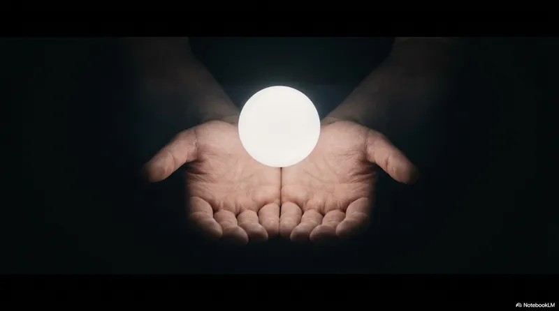 Two hands cupped open, holding a single glowing ball of warm light