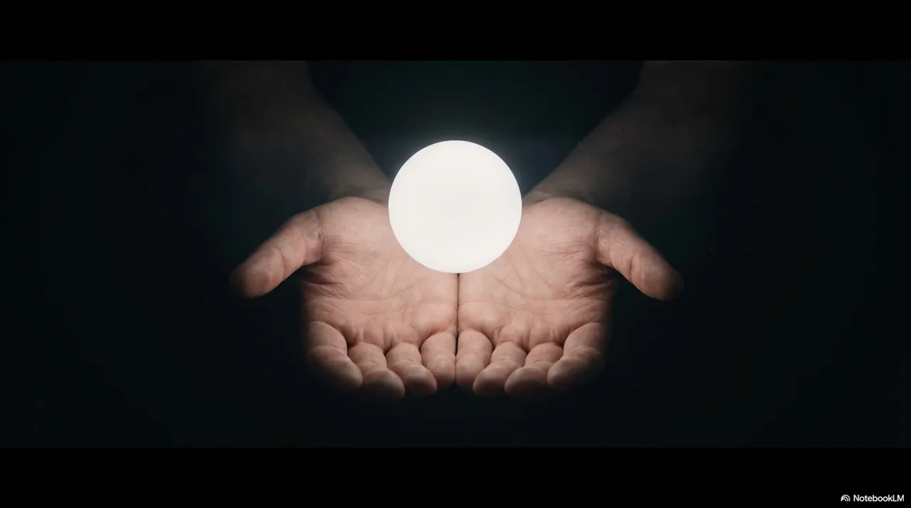 Two hands cupped open, holding a single glowing ball of warm light