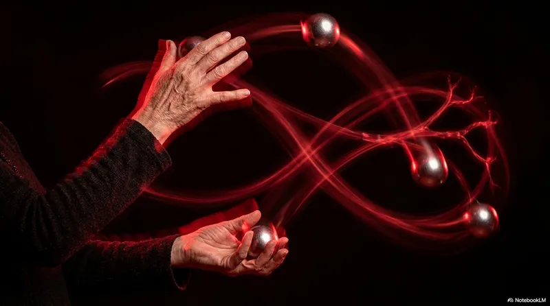 Weathered elderly hands with deep wrinkles juggling silver balls, with red light trails forming a glowing infinity figure-eight pattern looping between them against a dark background