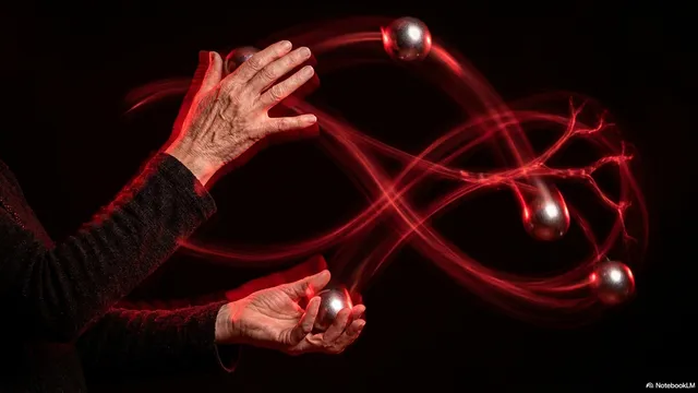 Weathered elderly hands with deep wrinkles juggling silver balls, with red light trails forming a glowing infinity figure-eight pattern looping between them against a dark background