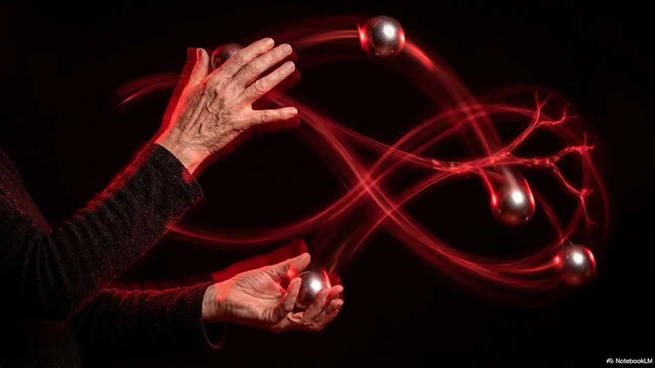 Weathered elderly hands with deep wrinkles juggling silver balls, with red light trails forming a glowing infinity figure-eight pattern looping between them against a dark background