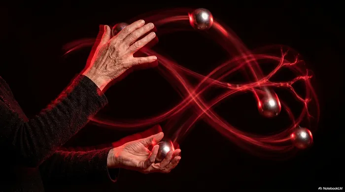 Weathered elderly hands juggling with red infinity light trails