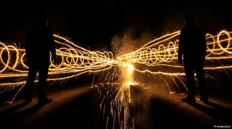 Two silhouettes facing each other with fire arcs spiraling between them in the dark, their trails meeting in the center