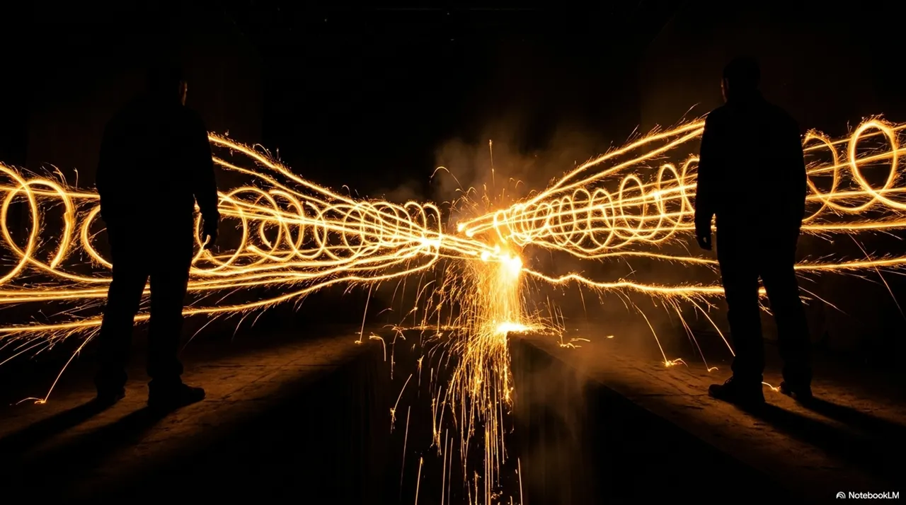 Two silhouettes facing each other with fire arcs spiraling between them in the dark, their trails meeting in the center