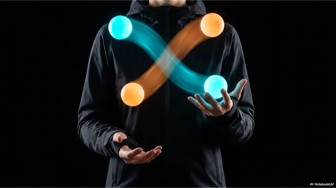 A person in dark clothing juggling four balls - two glowing cyan and two glowing orange - with their crossing trajectories visible as light trails forming an X pattern