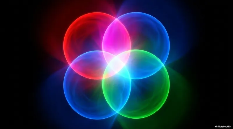 Four overlapping luminous spheres in red, blue, green, and magenta - all pillars converging