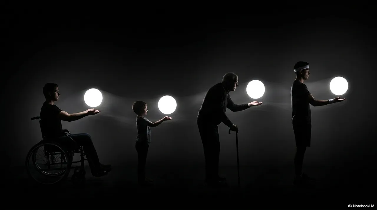 Four human silhouettes of different heights and builds, each with a juggling arc above them
