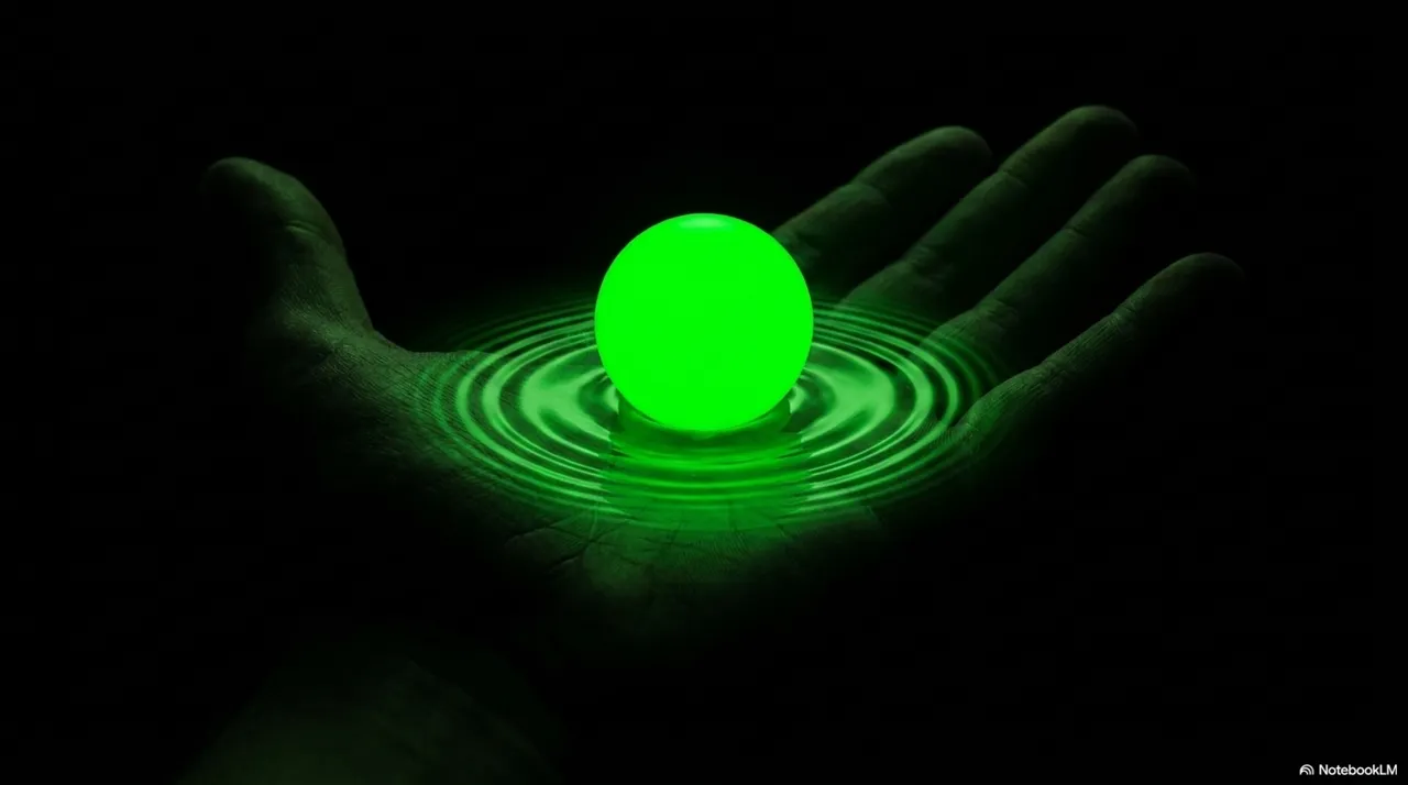 A green juggling ball resting in an open palm with concentric ripple rings emanating outward