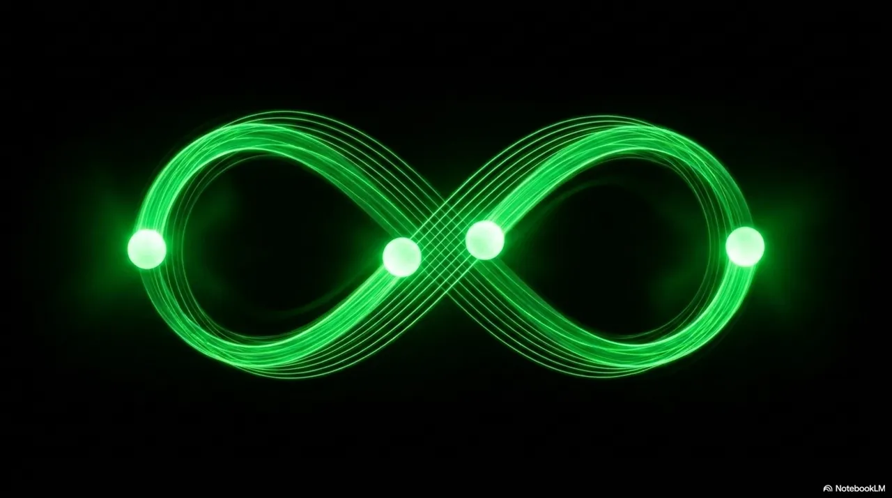 Three glowing green balls tracing an infinity-loop cascade path through dark space